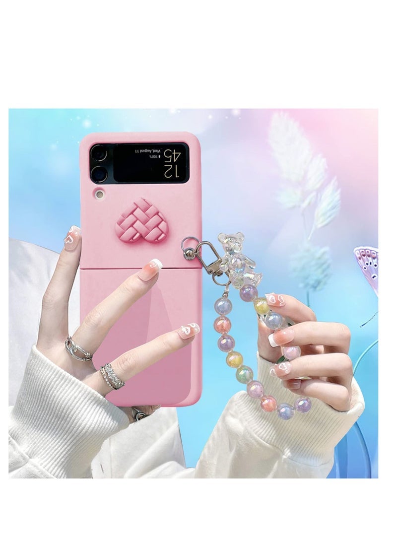 general Case for Samsung Z Flip 4 with Strap, Case with Wrist Strap, Fit for Hard PC Z Flip 4 Phone Case with Heart Bear Anti-Scratch Anti-Fingerprint Protective Case for Samsung Galaxy Z Flip 4 - Pink - Image 2