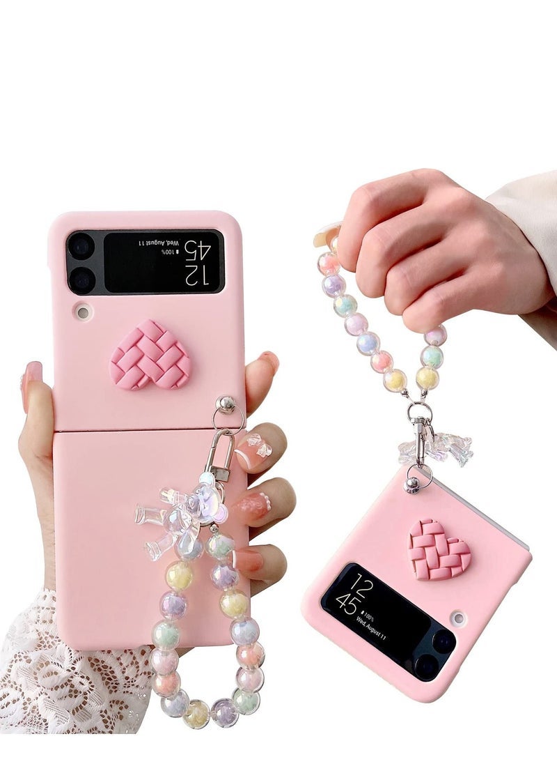 general Case for Samsung Z Flip 4 with Strap, Case with Wrist Strap, Fit for Hard PC Z Flip 4 Phone Case with Heart Bear Anti-Scratch Anti-Fingerprint Protective Case for Samsung Galaxy Z Flip 4 - Pink - Image 1