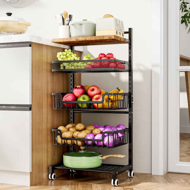 HapiRm Fruit Basket Kitchen Cart  5 Tier Adjustable Vegetable Storage Rack Large Capacity Rolling Kitchen Carts on Wheels for Snack Onion and Potato Storage