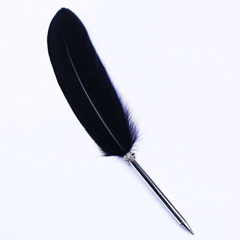 OPENDGO Feather Ballpoint Pen ，Black Ink Vintage Feather Quill Refined Plated Rod Quill Ballpoint Pen For School Writing ▏Wedding Gift Signature Pen (Black) - Image 1