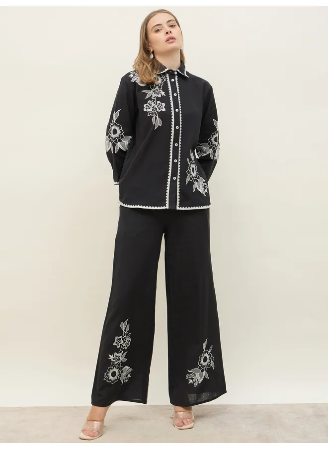 Styli Styli Embroidered Long Sleeve Shirt and Wide Leg Pants Co-Ords