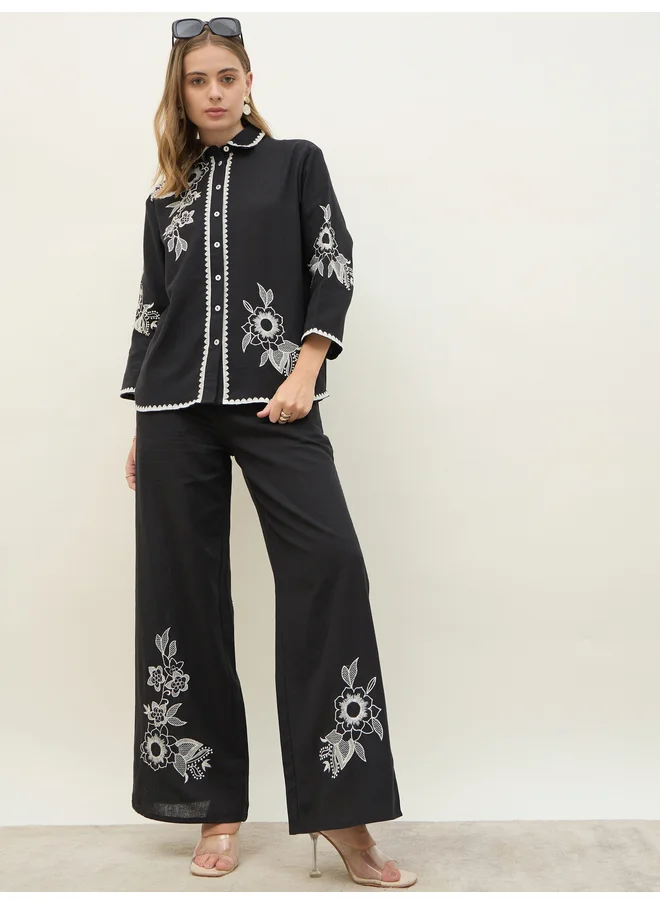 Styli Styli Embroidered Long Sleeve Shirt and Wide Leg Pants Co-Ords