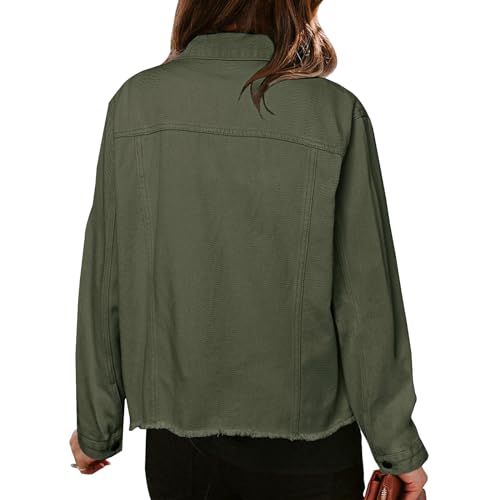 LONGBIDA Women's Jean Jacket Frayed Washed Button Up Cropped Denim Jacket With Pockets(Navy Green,XL) - Image 2