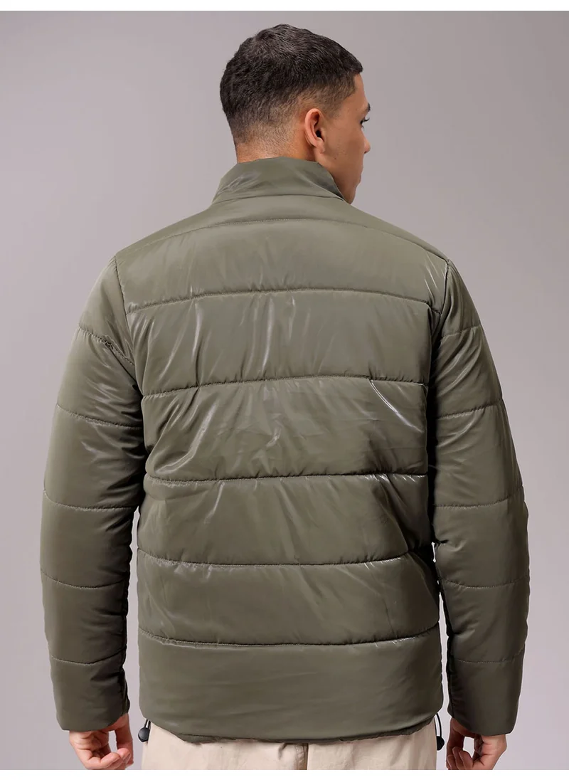 شركة المرآب الهندية Mens Olive Slim Fit Quilted High Neck Zipper Placket Side Pocket Winter Jacket