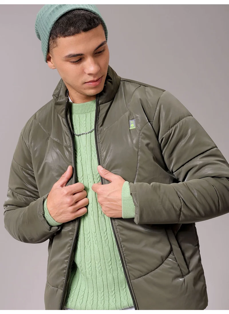 شركة المرآب الهندية Mens Olive Slim Fit Quilted High Neck Zipper Placket Side Pocket Winter Jacket