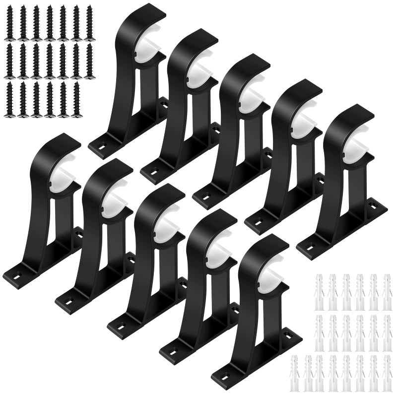 KOLAKO Curtain Rod Bracket 10 Pack Heavy Duty Curtain Rod Holders Black Rods Hooks Hangers for Wall Drapery Rod Support Brackets for 1 Inch Drape Poles