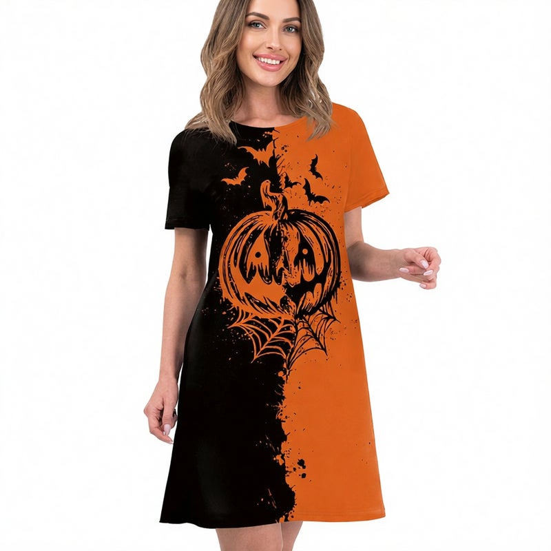Women's Halloween Pumpkin Digital Print Casual Plus Size Dress - Image 1