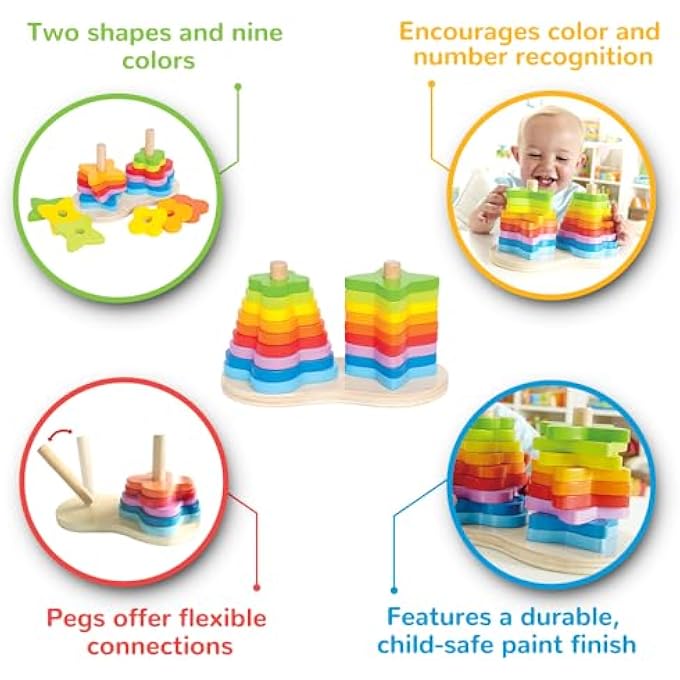 DOUBLE RAINBOW STACKER PLAYSET| WOODEN STACKING AND SORTING BLOCK BUILDING TOY FOR KIDS, EARLY EDUCATION TOY FOR KIDS, 19 PCS STACKER PLAYSET, MULTICOLOR, AGES 1 YEAR+ - Image 5