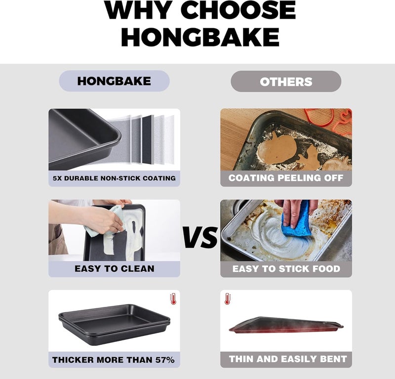 HONGBAKE 2 Pack 9.7X7.5" Toaster Oven Pans for Baking, 57% Thicker Nonstick 1/8 Cookie Sheet Pan Set, Small Baking Tray, Dishwasher Safe and Heavy Duty, Black - Image 2