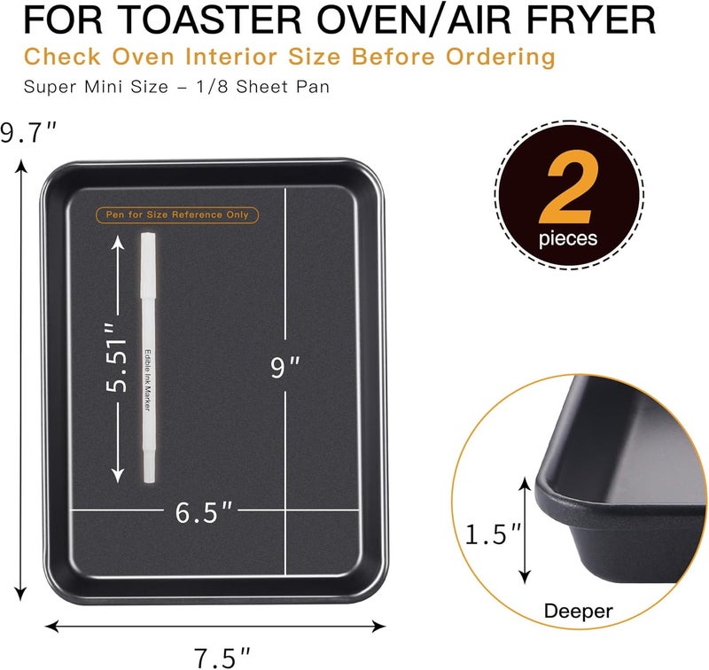 HONGBAKE 2 Pack 9.7X7.5" Toaster Oven Pans for Baking, 57% Thicker Nonstick 1/8 Cookie Sheet Pan Set, Small Baking Tray, Dishwasher Safe and Heavy Duty, Black - Image 3