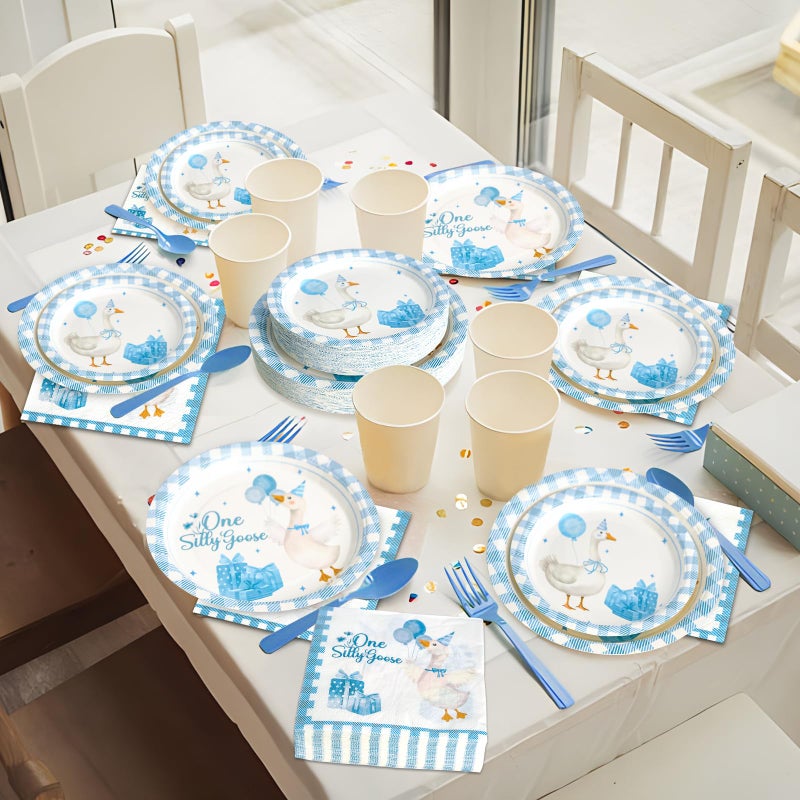 Dhnvcud 180PCS One Silly Goose Party Supplies Serve 60,Goose Theme Paper Plates and Napkins Kit for Baby Shower Birthday Party Decorations - Image 4