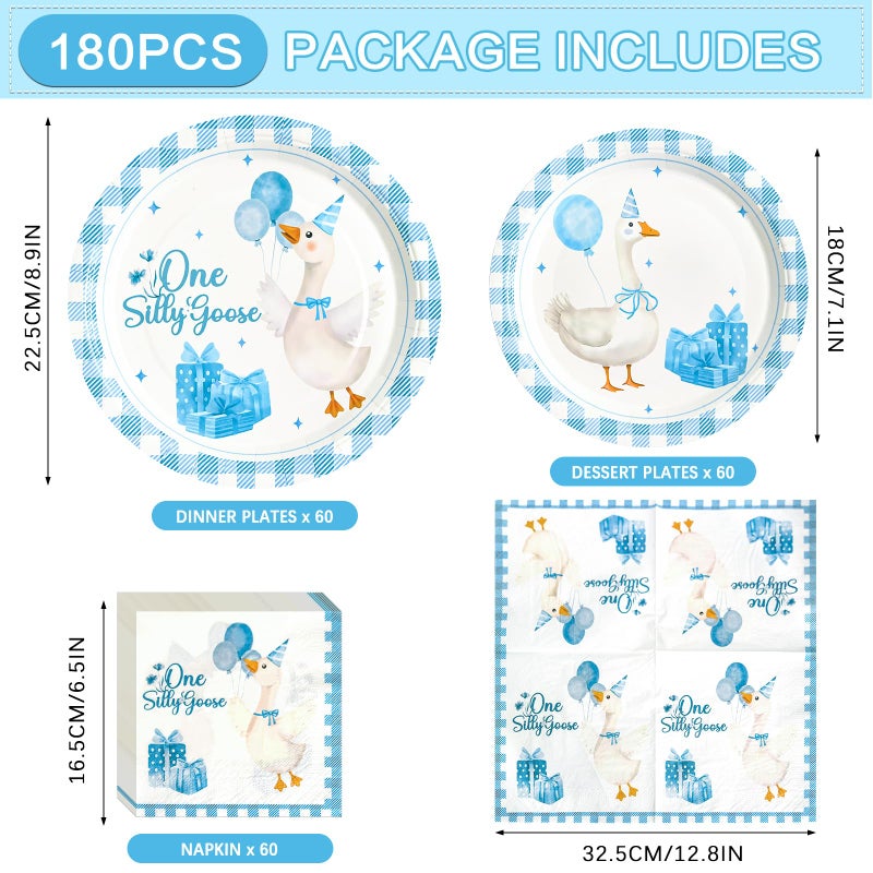 Dhnvcud 180PCS One Silly Goose Party Supplies Serve 60,Goose Theme Paper Plates and Napkins Kit for Baby Shower Birthday Party Decorations - Image 2