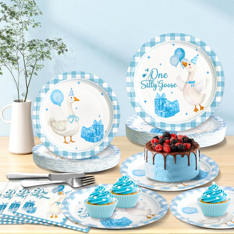 Dhnvcud 180PCS One Silly Goose Party Supplies Serve 60,Goose Theme Paper Plates and Napkins Kit for Baby Shower Birthday Party Decorations - Image 5