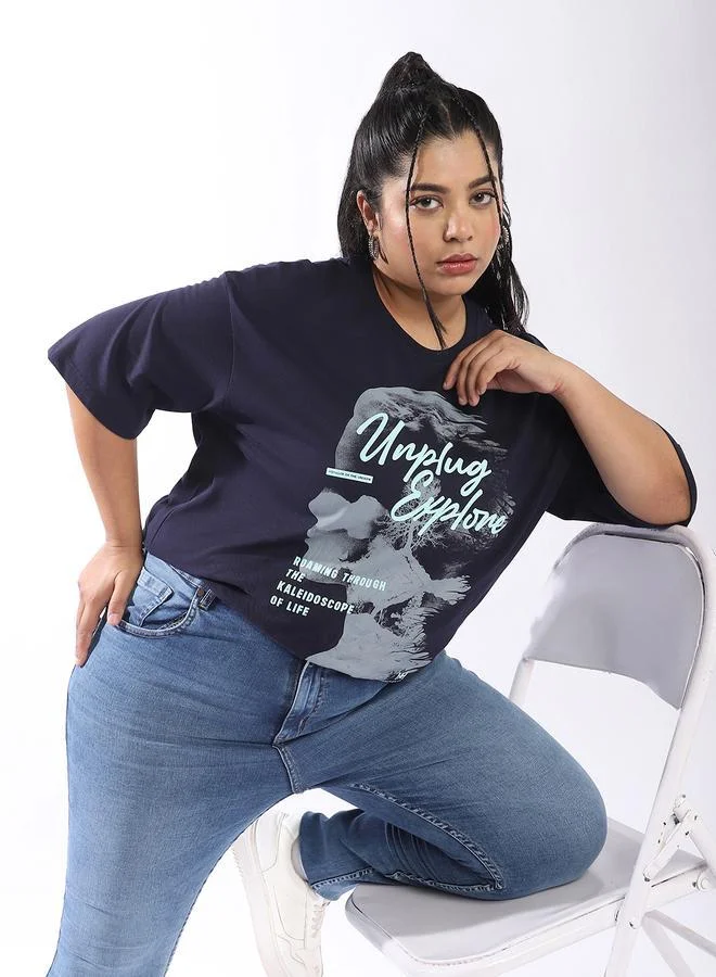 هاي ستار تيشيرت نسائي قطن 1% مطبوع مقاس كبير كحلي