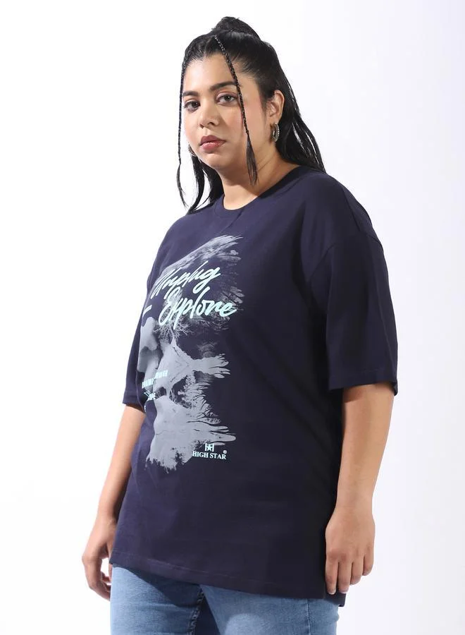 Women's Navy 100% Cotton Printed Plus Size Oversized T-Shirt