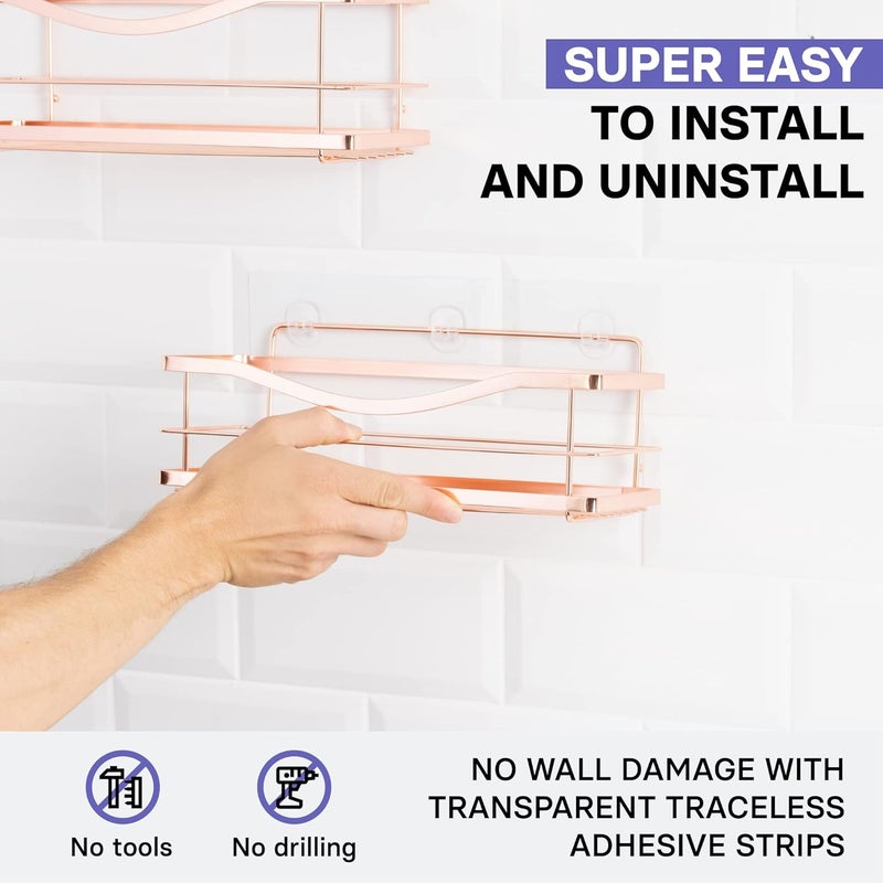 KINCMAX Shower Shelves 2-Pack - Self Adhesive Shower Caddy with 4 Hooks and 2 Adhesives - No Drill Large Capacity Stainless Steel Wall Shelf - Aesthetic Organizer for Inside Bathroom - Rose Gold - Image 3