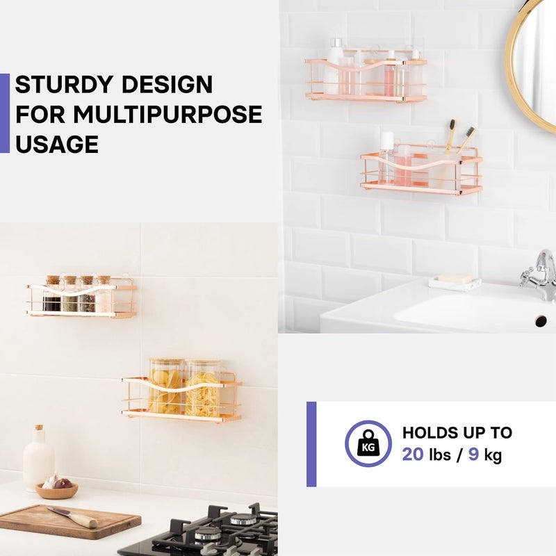 KINCMAX Shower Shelves 2-Pack - Self Adhesive Shower Caddy with 4 Hooks and 2 Adhesives - No Drill Large Capacity Stainless Steel Wall Shelf - Aesthetic Organizer for Inside Bathroom - Rose Gold - Image 4