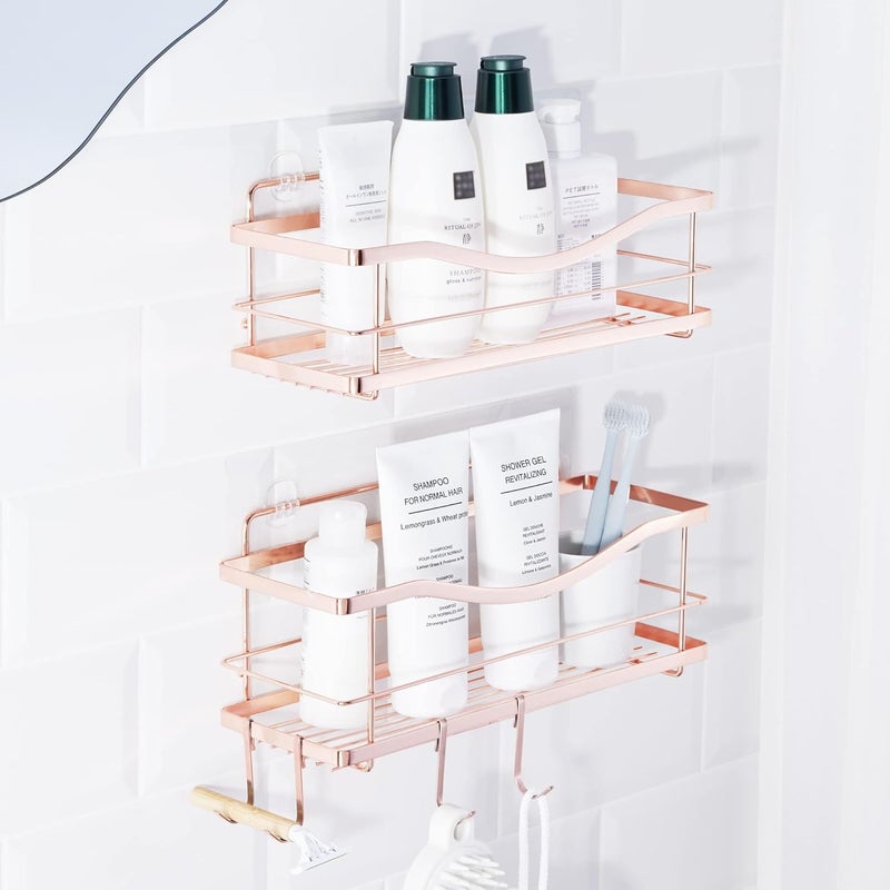 KINCMAX Shower Shelves 2-Pack - Self Adhesive Shower Caddy with 4 Hooks and 2 Adhesives - No Drill Large Capacity Stainless Steel Wall Shelf - Aesthetic Organizer for Inside Bathroom - Rose Gold - Image 1
