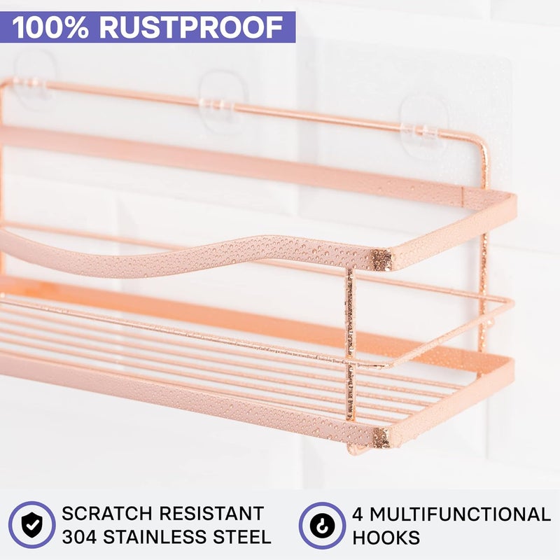 KINCMAX Shower Shelves 2-Pack - Self Adhesive Shower Caddy with 4 Hooks and 2 Adhesives - No Drill Large Capacity Stainless Steel Wall Shelf - Aesthetic Organizer for Inside Bathroom - Rose Gold - Image 2