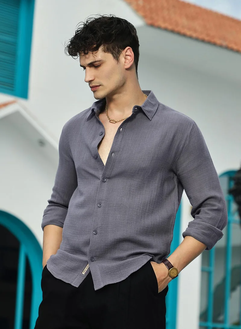 Campus Sutra Men's Charcoal Grey Breezy-Weave Shirt For Casual Wear | Spread Collar | Long Cuffed Sleeves | Button Closure | Shirt Crafted With Comfort Fit For Everyday Wear