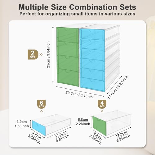 UDUK Acrylic Drawer Organizer with 10 Drawers, 2 Set Craft Organizers and Storage, Clear Storage Drawers, Desk Drawer Organizer for Vanity, Office Supplies, Jewelry, Pen - Image 3