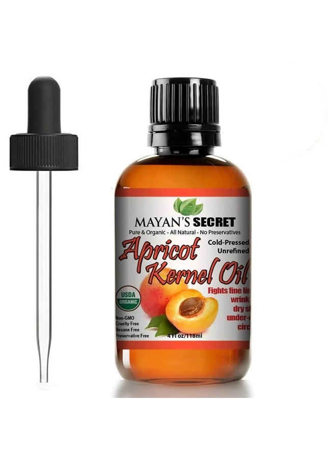 Mayan's Secret USDA Certified Organic Apricot Kernel Oil - Cold Pressed, Unrefined, Presented in Amber Glass Bottle with Glass Eyedropper for Convenient Application - 4 oz | Moisturizing  - Image 1