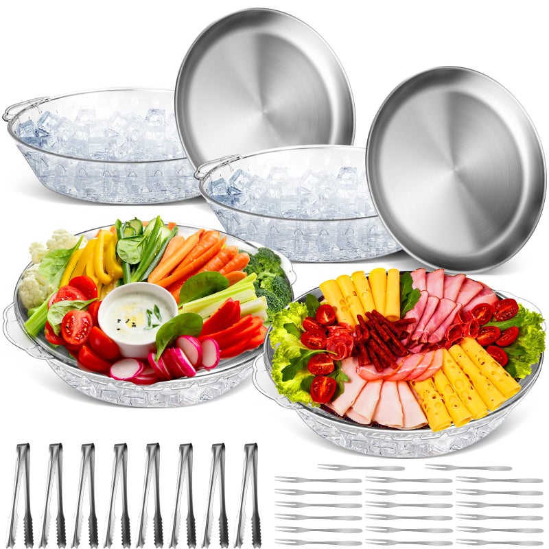 Baderke 4 Sets 118 Chilled Serving Tray for Parties Round Iced Platter with Ice Underneath Stainless Steel Clip Fruit Fork Shrimp Cocktail Serving Dish for Oysters Crawfish Fruits Original - Image 2