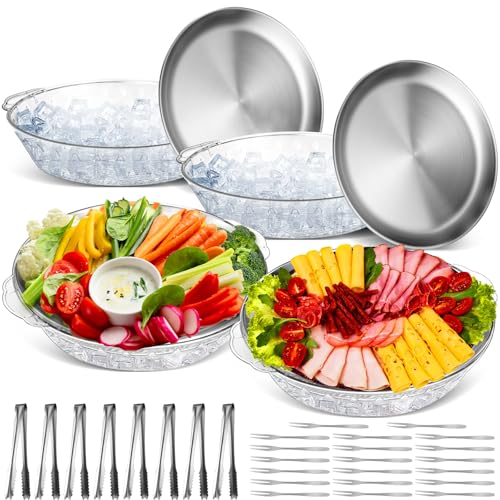 Baderke 4 Sets 118 Chilled Serving Tray for Parties Round Iced Platter with Ice Underneath Stainless Steel Clip Fruit Fork Shrimp Cocktail Serving Dish for Oysters Crawfish Fruits Original - Image 1