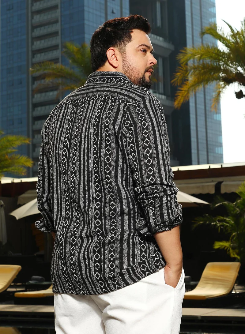 Instafab Plus  Instafab Plus Men's Onyx Black Folk-Weave Shirt For Casual Wear | Spread Collar | Long Cuffed Sleeves | Button Closure | Plus Size Shirt Crafted With Comfort Fit For Everyday Wear for Men | Best Price UAE