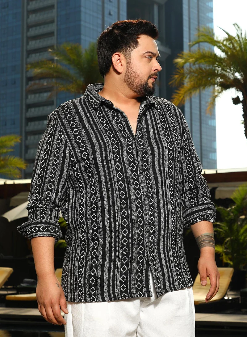 Instafab Plus  Instafab Plus Men's Onyx Black Folk-Weave Shirt For Casual Wear | Spread Collar | Long Cuffed Sleeves | Button Closure | Plus Size Shirt Crafted With Comfort Fit For Everyday Wear for Men | Best Price UAE