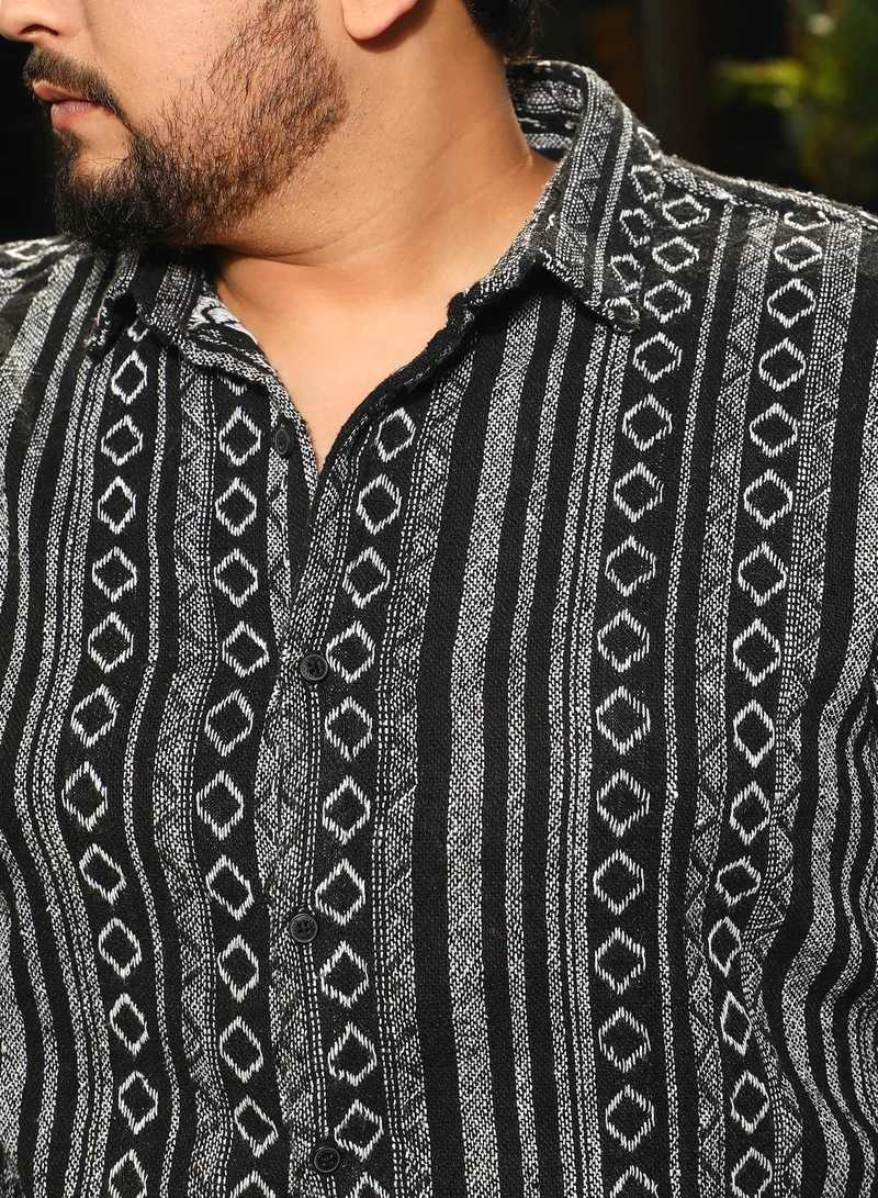 Instafab Plus  Instafab Plus Men's Onyx Black Folk-Weave Shirt For Casual Wear | Spread Collar | Long Cuffed Sleeves | Button Closure | Plus Size Shirt Crafted With Comfort Fit For Everyday Wear for Men | Best Price UAE
