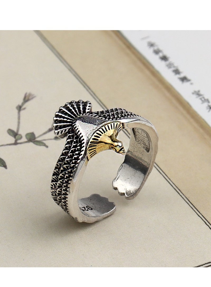 خاتم رجالي ثنائي اللون بتصميم جناح نسر من سبيكة مقاومة للتآكل، حلقة مفتوحة قابلة للتعديل بأسلوب كلاسيكي قديم لراكبي الدراجات وعشاق الدراجات النارية والأناقة الكاجوال والحفلات والاستخدام اليومي - Image 1