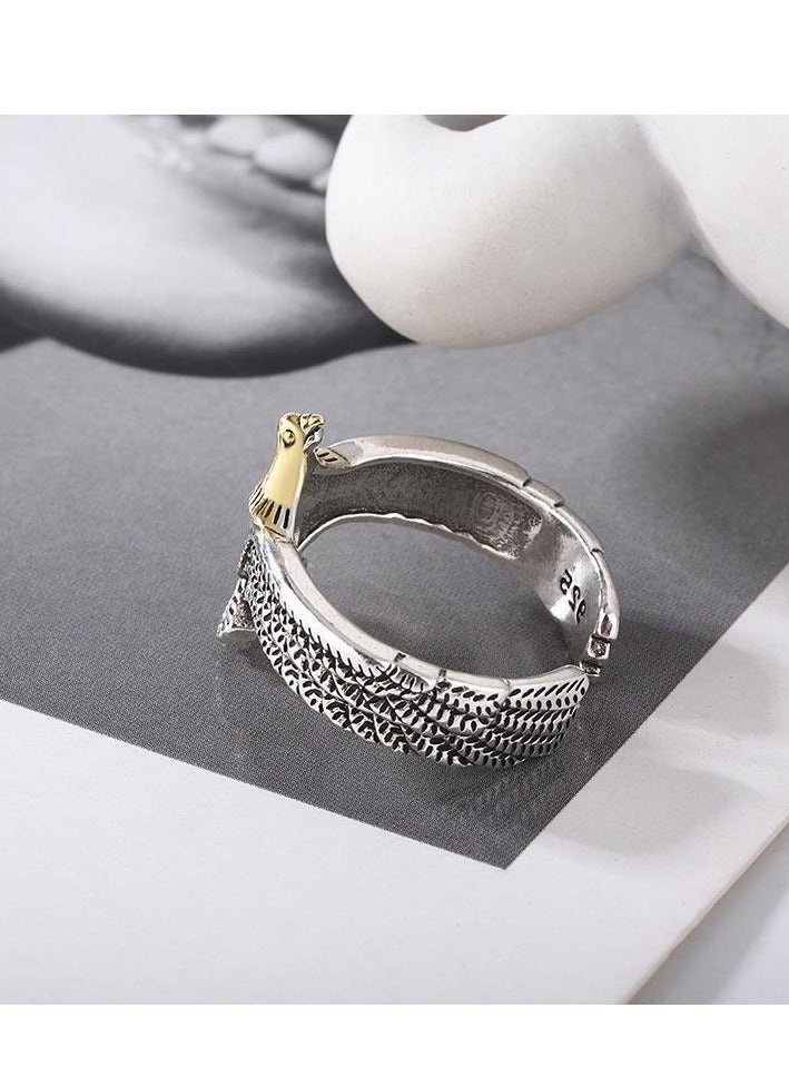 خاتم رجالي ثنائي اللون بتصميم جناح نسر من سبيكة مقاومة للتآكل، حلقة مفتوحة قابلة للتعديل بأسلوب كلاسيكي قديم لراكبي الدراجات وعشاق الدراجات النارية والأناقة الكاجوال والحفلات والاستخدام اليومي - Image 2