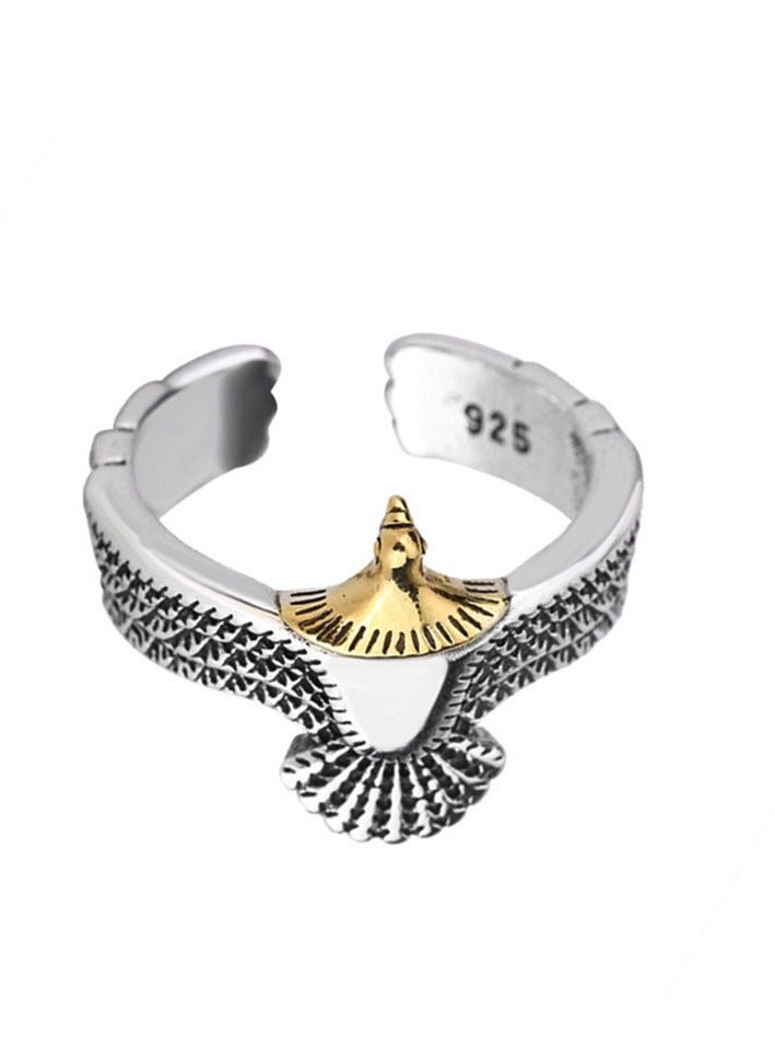 خاتم رجالي ثنائي اللون بتصميم جناح نسر من سبيكة مقاومة للتآكل، حلقة مفتوحة قابلة للتعديل بأسلوب كلاسيكي قديم لراكبي الدراجات وعشاق الدراجات النارية والأناقة الكاجوال والحفلات والاستخدام اليومي - Image 3