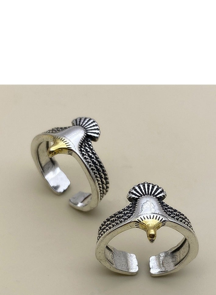 خاتم رجالي ثنائي اللون بتصميم جناح نسر من سبيكة مقاومة للتآكل، حلقة مفتوحة قابلة للتعديل بأسلوب كلاسيكي قديم لراكبي الدراجات وعشاق الدراجات النارية والأناقة الكاجوال والحفلات والاستخدام اليومي - Image 5