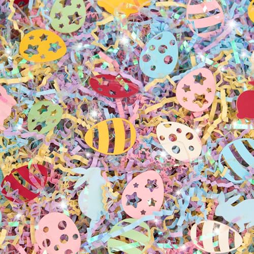 PAPER FAIR Iridescent Easter Grass Crinkle Cut Paper w/Bunny Egg Confetti, 5OZ Blue Yellow Purple Pink Shred Filler Mix Raffia Tissue Craft Bedding Cushion, Party Birthday Gift Box Basket Retail - Image 3