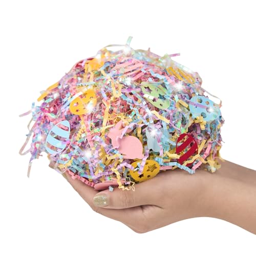 PAPER FAIR Iridescent Easter Grass Crinkle Cut Paper w/Bunny Egg Confetti, 5OZ Blue Yellow Purple Pink Shred Filler Mix Raffia Tissue Craft Bedding Cushion, Party Birthday Gift Box Basket Retail - Image 2