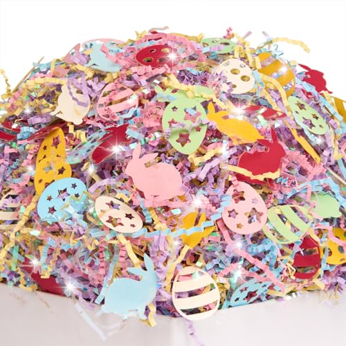 PAPER FAIR Iridescent Easter Grass Crinkle Cut Paper w/Bunny Egg Confetti, 5OZ Blue Yellow Purple Pink Shred Filler Mix Raffia Tissue Craft Bedding Cushion, Party Birthday Gift Box Basket Retail - Image 1