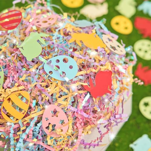 PAPER FAIR Iridescent Easter Grass Crinkle Cut Paper w/Bunny Egg Confetti, 5OZ Blue Yellow Purple Pink Shred Filler Mix Raffia Tissue Craft Bedding Cushion, Party Birthday Gift Box Basket Retail - Image 4