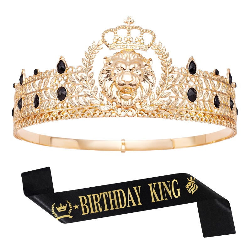 JITINX King Crown and Birthday Sash, King Crown for Men,Gold Men's Tiara Prince Diadem,Royal Medieval Cosplay Birthday Prom Halloween Hair Accessories (Gold Black Crown) - Image 1