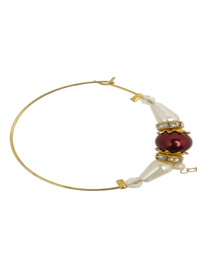 SUN SHINE Pearl and Crystal Nose Ring, Gold-Toned Hoop with Maroon Bead, Traditional Design - Image 2