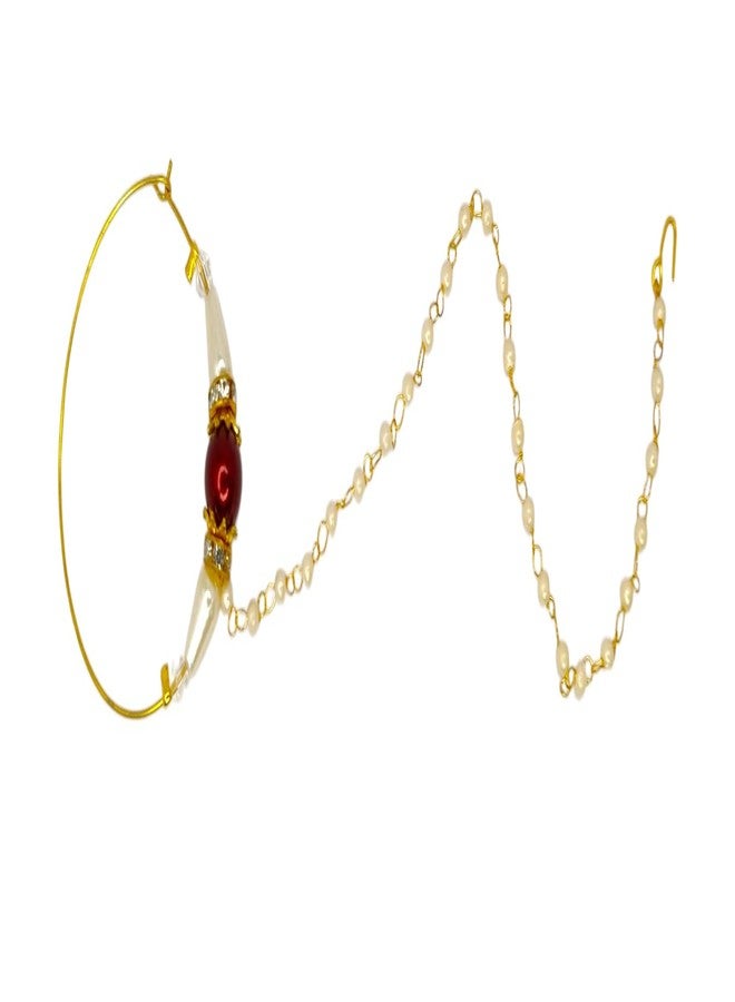 SUN SHINE Pearl and Crystal Nose Ring, Gold-Toned Hoop with Maroon Bead, Traditional Design - Image 1