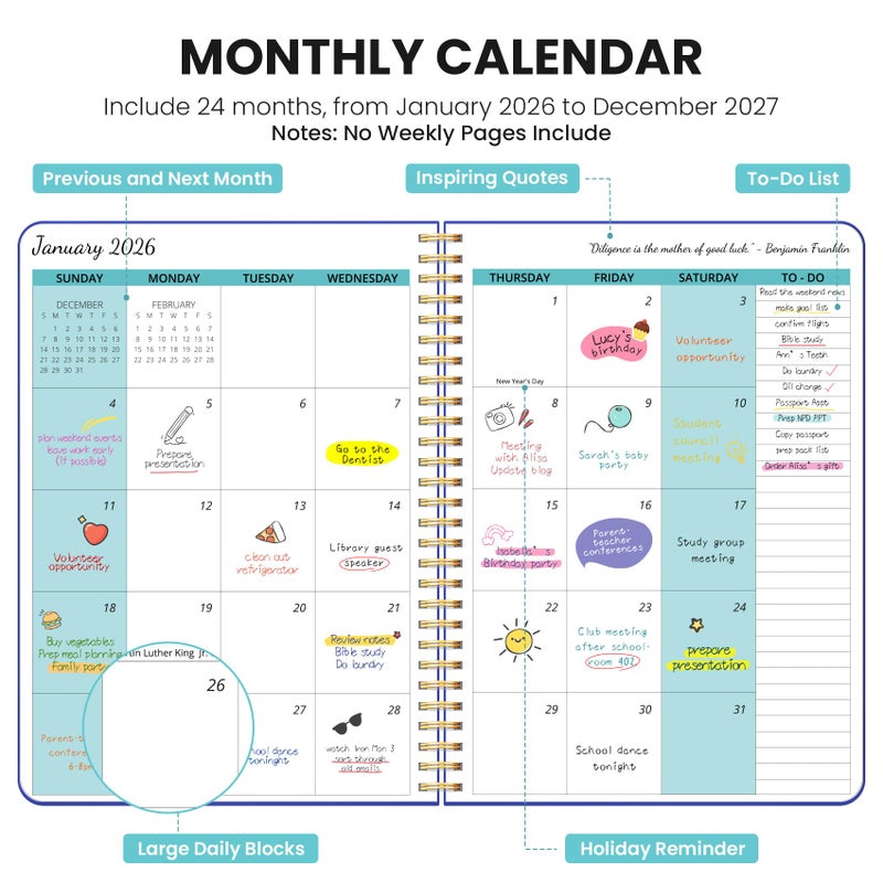 Taja Monthly Planner 2026-2027, 2 Year Months Calendar Planner 2026-2027, Runs from January 2026 - Decembe 2027, 7" x 10", 24 Months, Perfect for School Office Home Planning - Royal Blue - Image 2