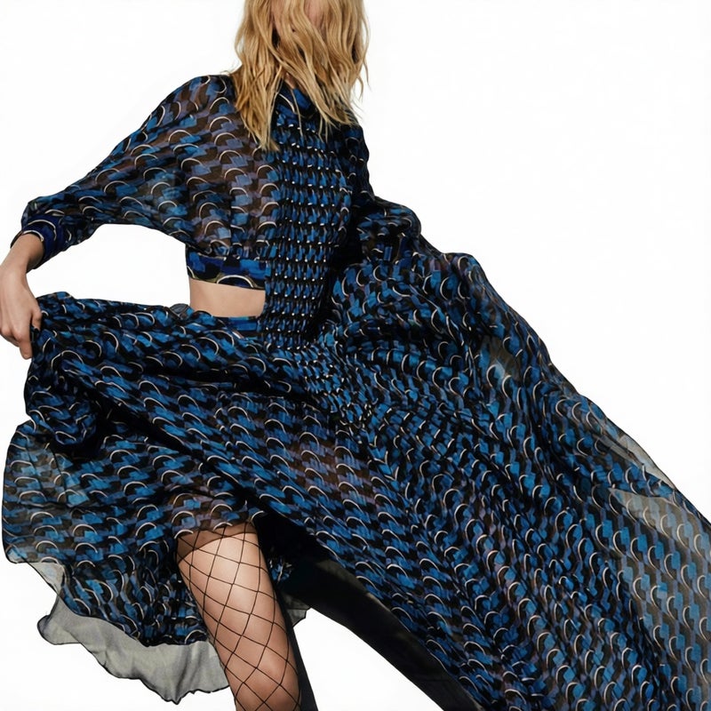 Printed Waist Cutout Flared Dress