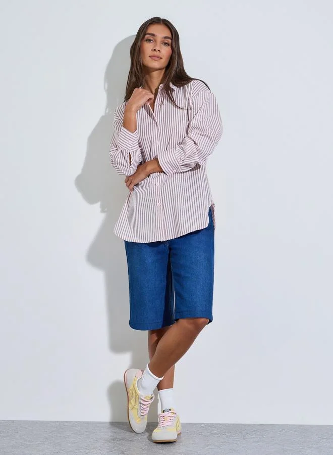 Styli Brown Striped Long Sleeves Oversized Shirt