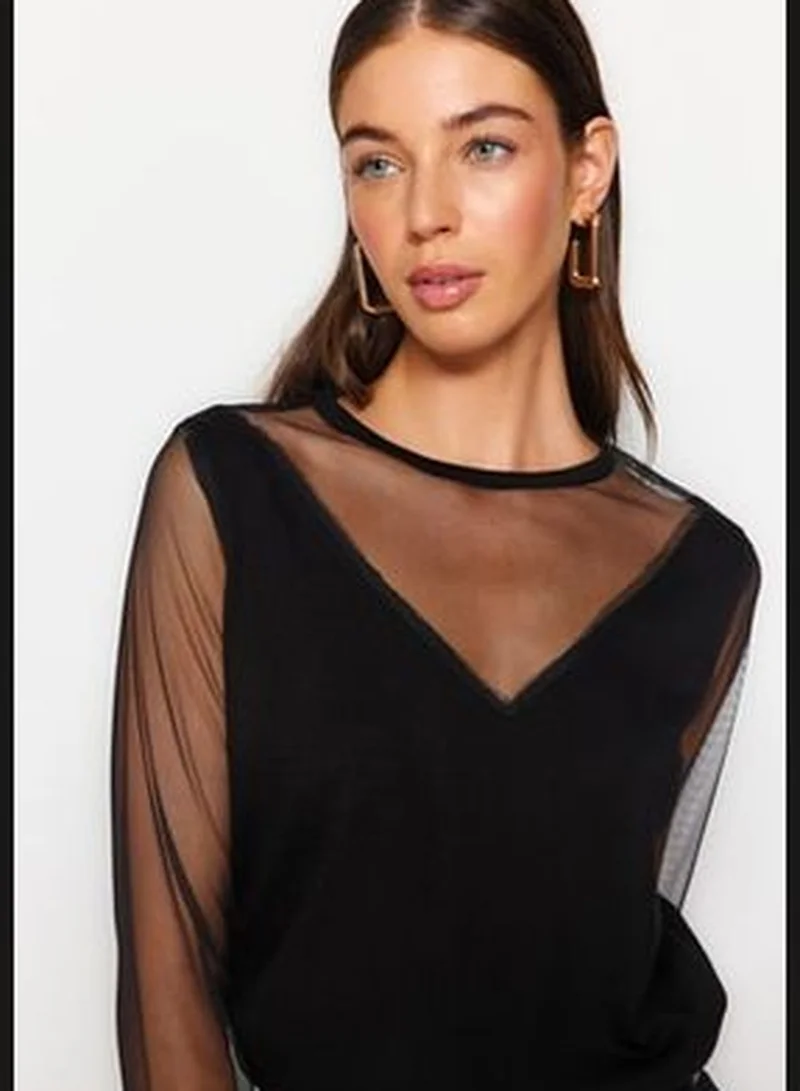 trendyol Black Transparent Sleeve Detailed Knitwear Sweater TWOAW24KZ00161
