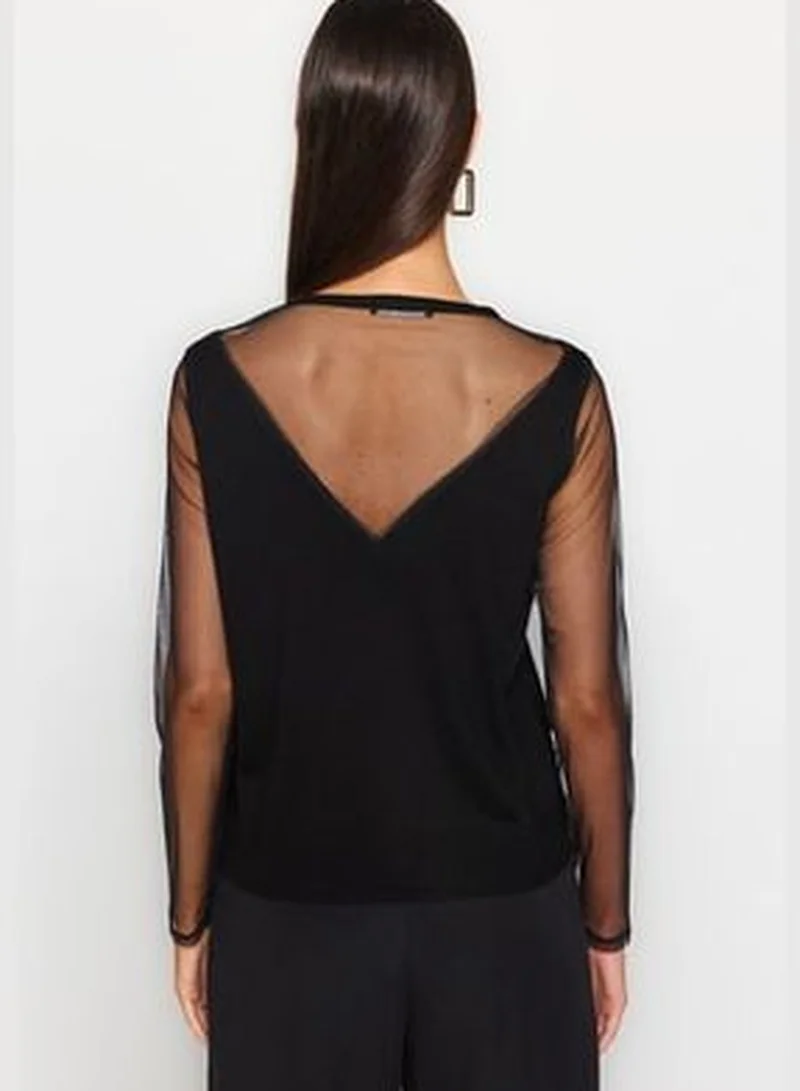 trendyol Black Transparent Sleeve Detailed Knitwear Sweater TWOAW24KZ00161