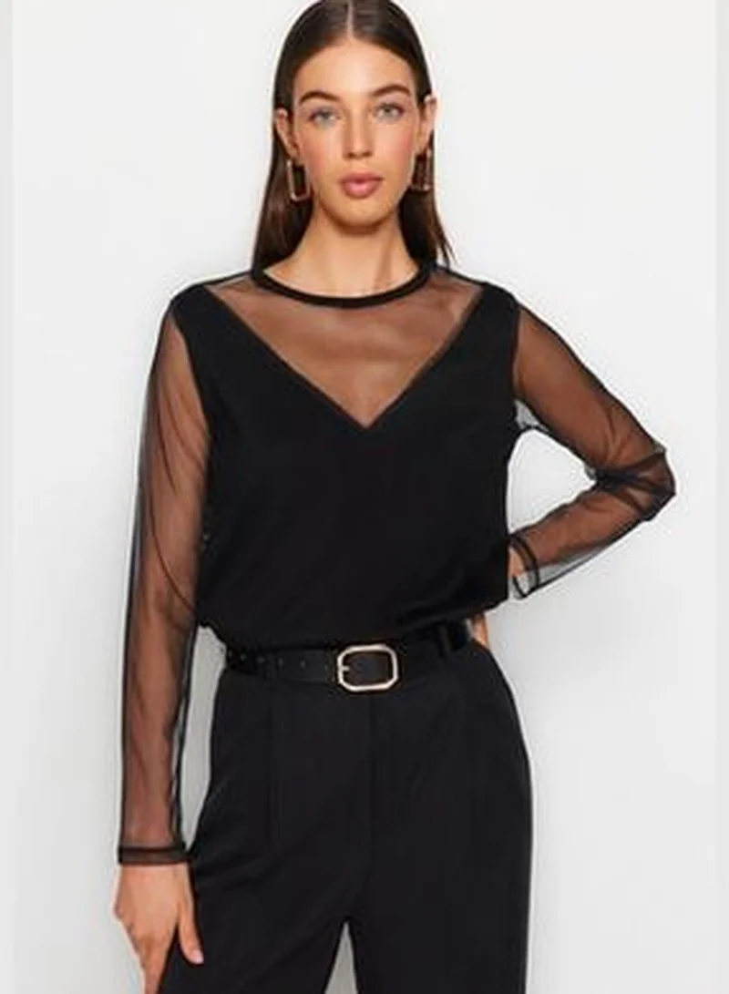 trendyol Black Transparent Sleeve Detailed Knitwear Sweater TWOAW24KZ00161