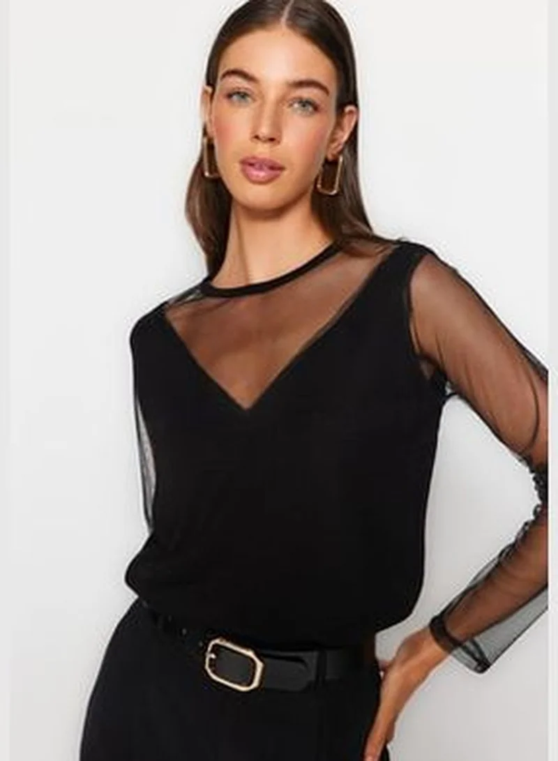 trendyol Black Transparent Sleeve Detailed Knitwear Sweater TWOAW24KZ00161