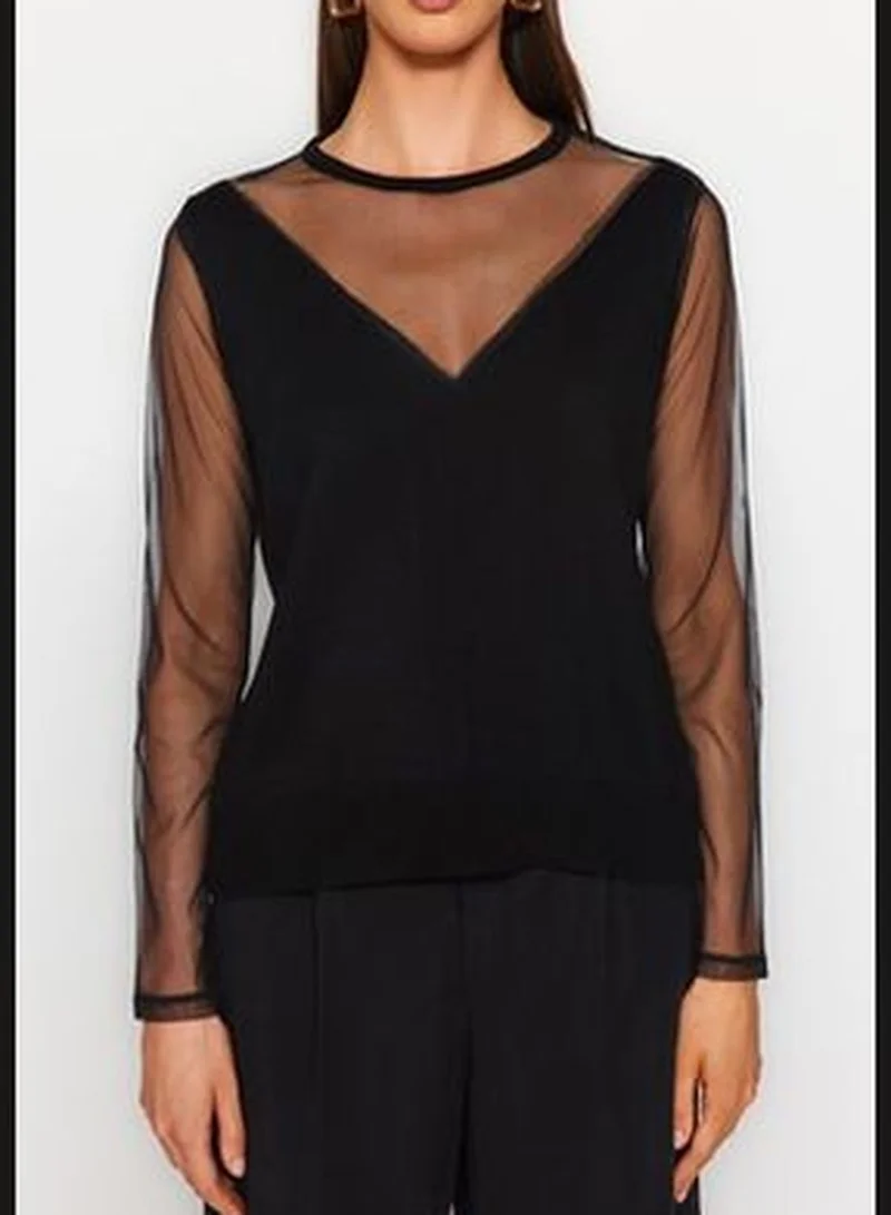 trendyol Black Transparent Sleeve Detailed Knitwear Sweater TWOAW24KZ00161